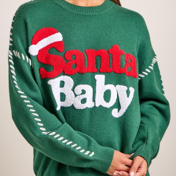 Premium Boutique SANTA BABY Green Christmas Holiday Knit Sweater Puff Design NEW - Picture 4 of 8
